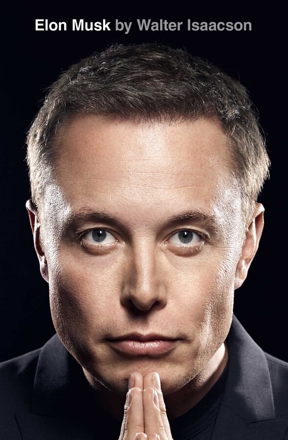 Book cover of Elon Musk biography by Walter Isaacson, featuring a close-up of Elon Musk's face